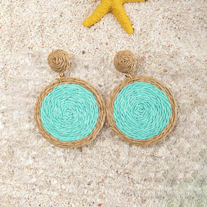 Boucles d'oreilles tressées en rotin pour femmes, style ethnique, style bohème, fait main, rond, cercle rond, 2025 - Product Image 4