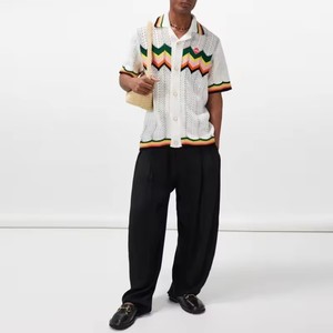 <span class=keywords><strong>Cardigan</strong></span> d'été à manches courtes pour hommes, polo boutonné 100% coton avec logo personnalisé, motif rayé, <span class=keywords><strong>maille</strong></span> fine en crochet - Product Image 3
