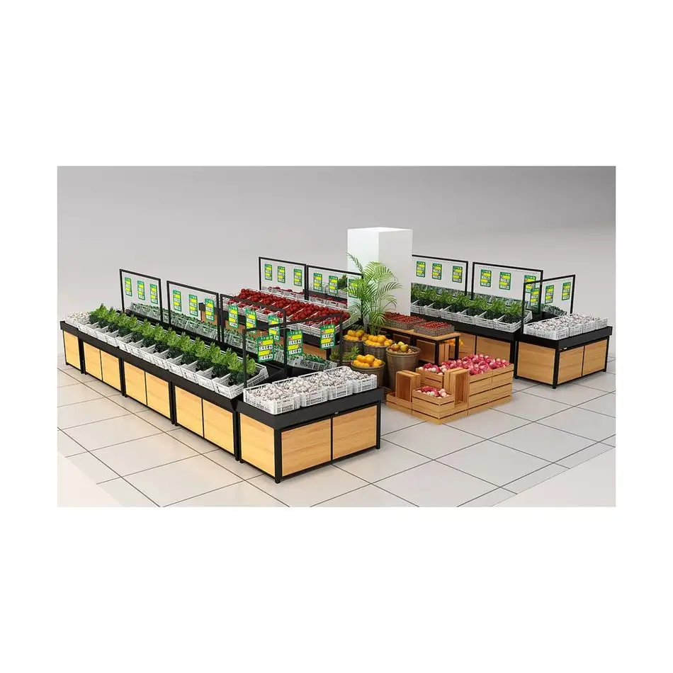 Wooden and steel fresh fruit shelves fruit and vegetable shelf fruit store shelf for supermarket storage display