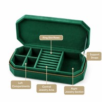 Achteckige Schmuckbox aus Samt mit Fächern für Halsketten, Ringe und Ohrringe in 3 Farben: Blau, Grün, Silber - Geschenkset