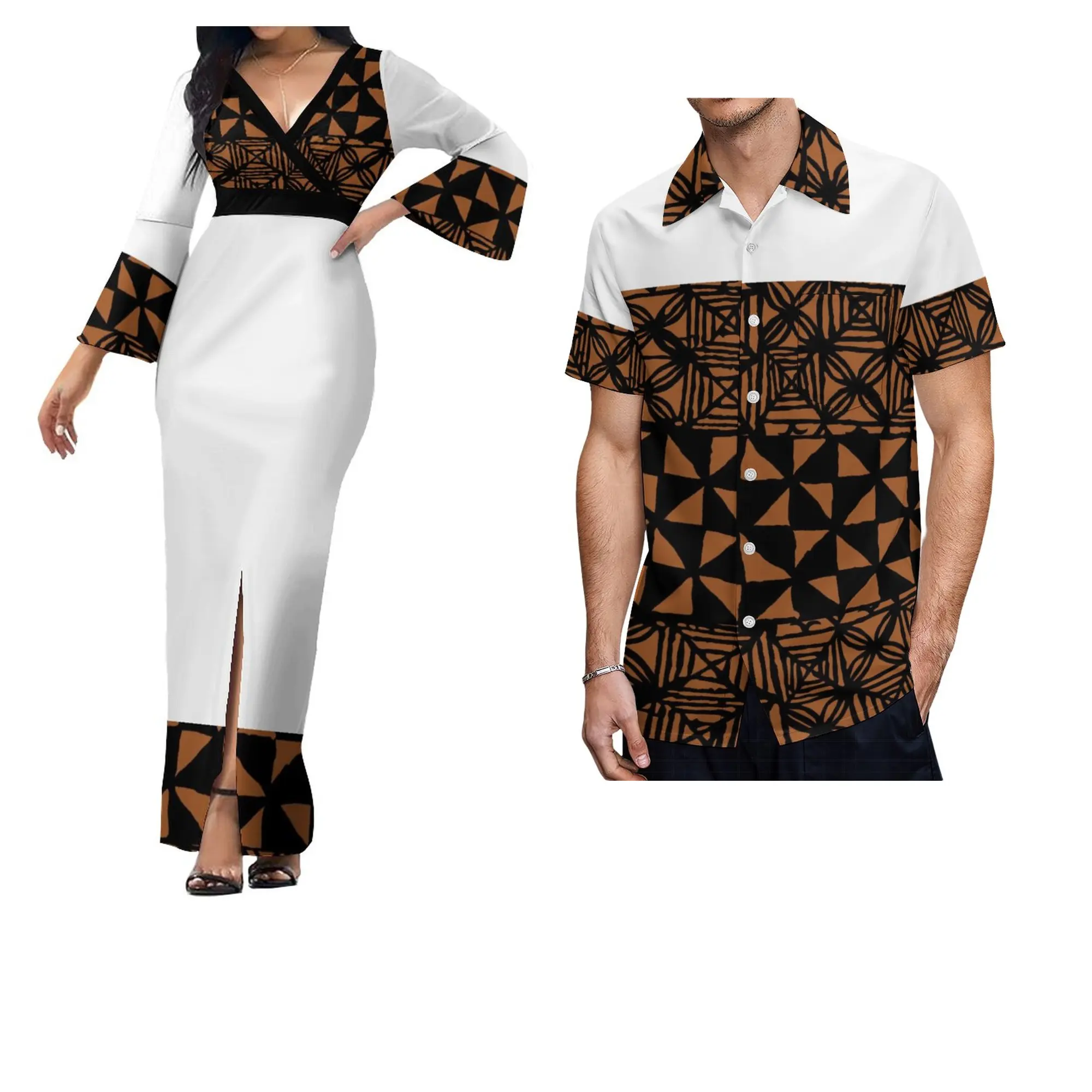 Bester Preis Großhandel Custom White Sunday Polynesian Tonga Tribal Frauen Elegantes langes Kleid Passende Herren hemden Paar Kleidung