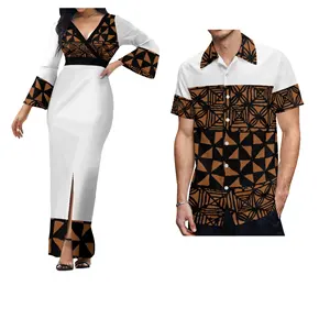 Meilleur prix de gros personnalisé blanc dimanche polynésien Tonga Tribal femmes élégante longue robe correspondant hommes chemises Couple vêtements