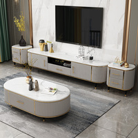 Prix d'usine : Ensemble de meubles de salon comprenant une table basse ronde en bois et métal avec plateau en ardoise et un meuble TV vert