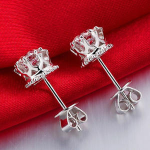Pendientes de tuerca con corona de oro blanco y cristal de imitación, corte brillante redondo, engaste de garra, para mujer, joyería clásica de regalo - Product Image 3