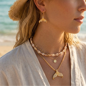 Ensemble de bijoux queue de sirène plaqué or avec collier et boucles d'oreilles en strass pour femmes, accessoires de mode pour soirée - Product Image 2