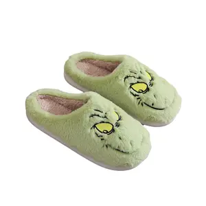 Cartoon Green-haired monster Funny expression embroidery plush cotton slippers home indoor warm slippers for women and man