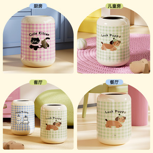 Lindo Bote de Basura de Cerámica con Diseño de Gatito y Cachorro, Cilíndrico, para Interiores, Hogar, Cocina, Sala de Estar, Baño - Product Image 1