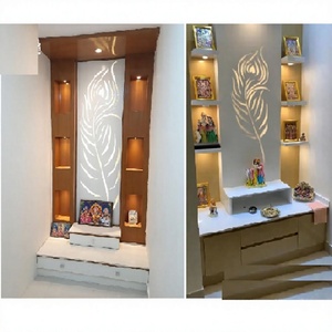Modern <b>Mandir</b> in Peacock Feather Design Wooden Pooja Cabinet With Storage Drawers Teak Wood Pooja Ghar For Prayer Room Australia - Product Image 1