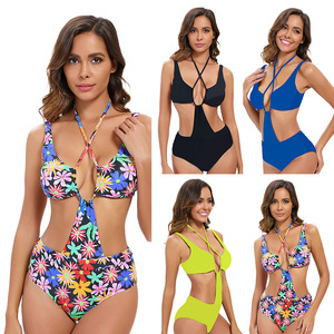 Traje de baño de una pieza con estampado de patrón sólido con estilo de las mujeres americanas europeas Sexy diseño de espalda recortado tamaño transpirable - Product Image 1