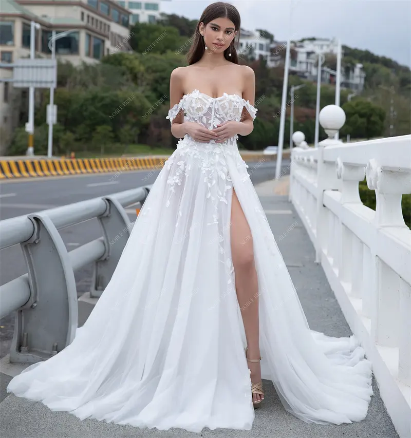 Factory Custom Made Off Shoulder 3D Lace Tulle Wedding Dresses With High Split Open