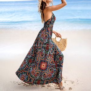 فستان شاطئ طويل أنيق وعصري لعام 2024 بطباعة زهور وحمالات رفيعة بدون أكمام للنساء في العطلات - Product Image 4
