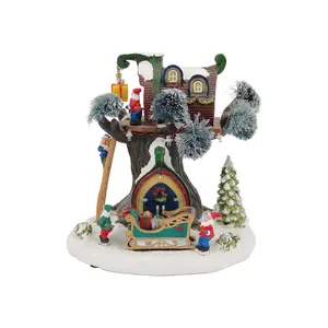 2022 Hot Sale Resin Xmas Tree House with Led Light Christmas Village Skating Miniatures Houses Set