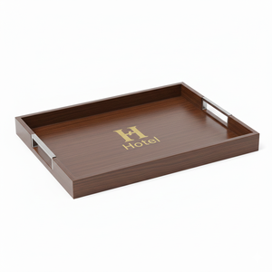 Plateau de service en bois résistant pour hôtel avec poignées métalliques, fabriqué aux États-Unis, pour la livraison de nourriture et de boissons - Product Image 1