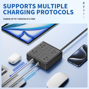 Multiprise personnalisable 3 prises, 2 USB-C, 2 USB-A, prise inclinée à 45 degrés, protection contre les surtensions, 10A, en cuivre, ABS+PC, pour appartement étudiant - Product Image 4