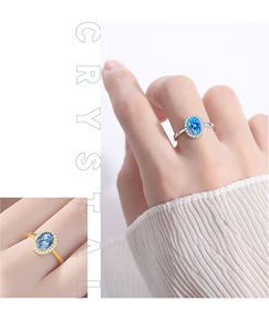 Classique 925 Argent Femmes Bague Bleu Ovale Zircon Pierre Anneau <span class=keywords><strong>Halo</strong></span> Bague de Fiançailles - Product Image 2
