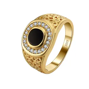 Rinntin NMR09 Agate Ronde Noire Onyx Rond Avec CZ Gemstone Fait À La Main Pierres Précieuses Plates Bague En Argent Sterling 925 Pour Hommes