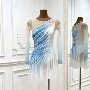 Custom <b>Ombre</b> <b>Blue</b> Figure/Ice Skating Performance <b>Dress</b> Rhinestone Long Sleeve Lyrical Dance Costume for Girls Children - Product Image 3
