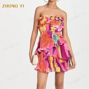 Abbigliamento personalizzato estate donna stampa floreale senza spalline corto parzialmente elasticizzato arricciato spalline aperte dietro Mini abiti Sexy - Product Image 1