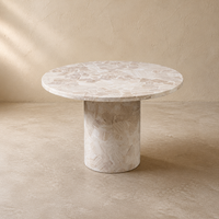 Table à manger ronde moderne en travertin blanc naturel finition mate, piédestal cylindrique, 4 places, mobilier de maison personnalisable