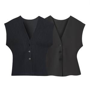 TAOP & ZA moda 2025 otoño nuevas llegadas mujeres sin mangas a rayas versátil cuello en V <span class=keywords><strong>chaleco</strong></span> recortado 4749768 4391511 - Product Image 1