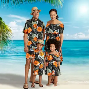 Yaz moda baba erkek baskılı gömlek seti çocuk giyim çiçek elbise anne ve kız aile eşleştirme kıyafetler