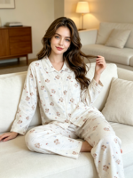 Pyjama long en coton pur respirant de luxe pour femme, automne/printemps, manches longues, en polaire fine, col rabattu, taille élastique