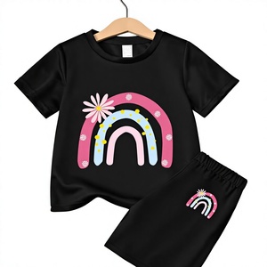 Girls Casual 2-Piece Rainbow Print Set Short Sleeve Top Black Shorts Summer Outfit High Quality Medium Stretch Polyester/Cotton - Product Image 5