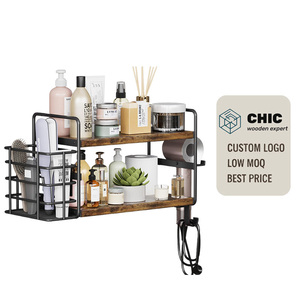 Mensola porta asciugacapelli a 2 livelli in legno rustico da parete, organizer da bagno con cestello in filo metallico - Ingrosso - Product Image 1