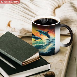 Frosted Black <b>Ceramic</b> <b>Mug</b> 11oz Heat Color Changing Magic Cup With Dolphin Sunset Art Design - Product Image 3