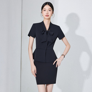 Women's Navy Blue Hotel Uniform Short Sleeve Blouse With Bow Tie And Matching Pants For Receptionists Summer 2025 - Product Image 3