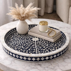 <b>Black</b> Bone Inlay Round Decorative Tray Floral Coffee Table Centerpiece Vanity Organizer Luxury Display Serving Tray for Home - Product Image 5