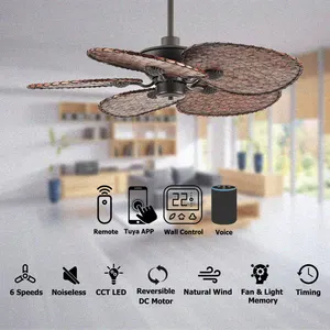 Low Noise Decorative Boho Tropical Bar Resort Hotel Style 5-Blade Cane Rattan Ceiling Fan With Or Without Light