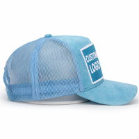 Casquettes de camionneur OEM personnalisées, tendance, 5 panneaux, haute qualité, bleu uni, visière incurvée, logo brodé 3D, maille, fermeture snapback, daim