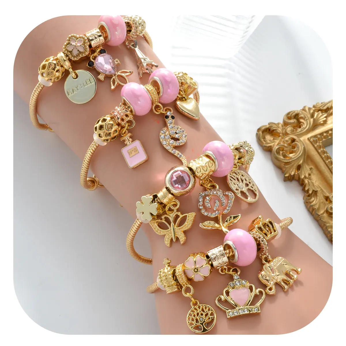 Personalizado 18K chapado en oro Diy inicio elefante Árbol de la vida Rosa serpiente mariposa Acero inoxidable ajustable encanto pulsera Mujer