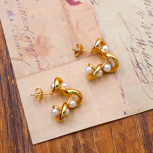 Geometric Pearl C-Shaped <b>Stud</b> Earrings Gold 18K Wrapped <b>Titanium</b> Steel Everyday Wear - Product Image 2