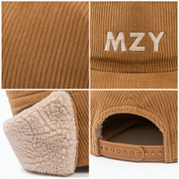 Topi Snapback Musim Dingin Unisex Custom 5 Panel Berbahan Corduroy Alpaca dengan Penutup Telinga
