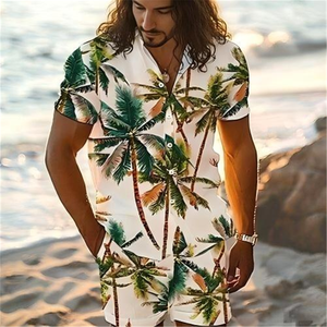 Conjunto de Camisa con Cuello Cubano y Pantalones Cortos con Estampado de Palmeras Tropicales para Hombre, Ropa de Vacaciones, Logotipo Personalizado, Marca Privada OEM - Product Image 1
