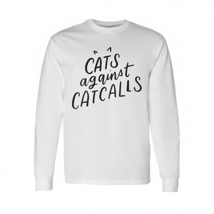 T-shirt a maniche lunghe Cats Against Catcalls, girocollo in cotone unisex, abbigliamento ecologico per attivisti - Product Image 3