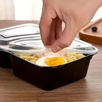 Boîte à repas à emporter en plastique noir, micro-ondable, à 2 compartiments, avec couvercle transparent