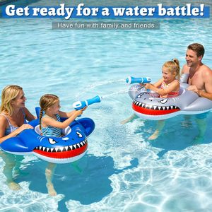 <b>Inflatable</b> Shark <b>Pool</b> Float <b>for</b> Kids 3 to 11 Years Swim Toy with Water Squirt Guns Safety Seat Toddler Ride-On Float <b>Pool</b> Game - Product Image 6