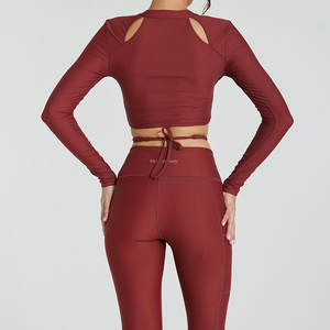 Conjunto de Yoga de manga larga de cintura alta personalizado para mujer, ropa deportiva transpirable con diseño recortado, conjunto de entrenamiento elástico directo de fábrica - Product Image 6