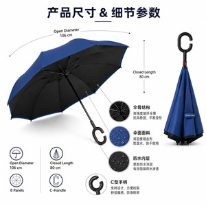 Custom Logo Double Layer Inverted Reverse <b>Umbrella</b> C-Shape Handle Windproof Self-Standing <b>Large</b> <b>Umbrella</b> for Rain Car Travel - Product Image 4