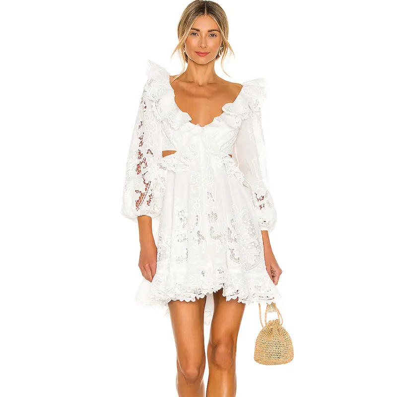 Hot Sale Casual Women Dress Long Sleeve White Lace Backless Bandage Fashion Women Mini Dress