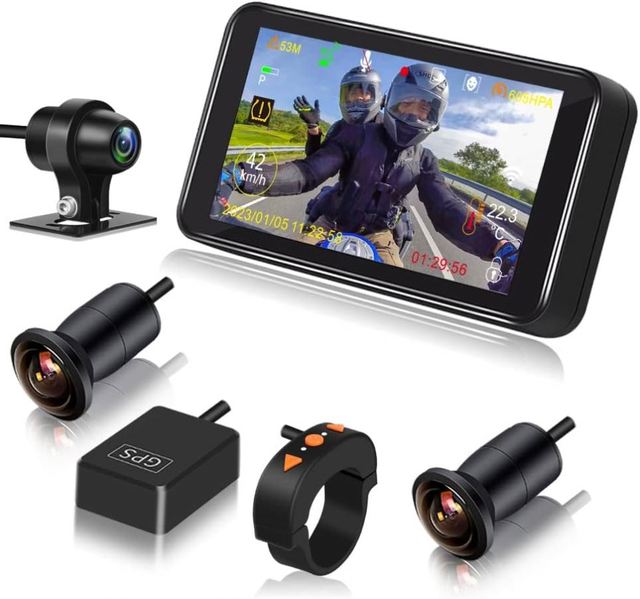 VSYS 4.5'' LCD Motorcycle Dash Cam Camera 1080p  3 Channel 140 Wide Angle  Screen with  GPS TPMS Parking Mode Motorbike Camera