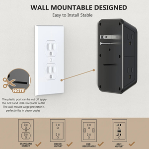 ปลั๊กพ่วงป้องกันไฟกระชากมาตรฐาน US/EU 1050J 1875W 10-in-1 พร้อมเต้ารับ 6 ช่อง และพอร์ต USB 4 ช่อง ติดผนังได้ - Product Image 5