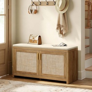Banco de entrada con doble puerta de armario de madera, con esquinas redondeadas y estantes ajustables - Product Image 2