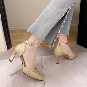Factory Wholesale Women's Glitter Pointed Toe Pumps Ankle Strap High Heels for Wedding Party - Product Image 4