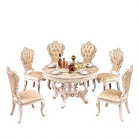 Ensemble table et chaises de salle à manger de style européen, luxe américain, plateau tournant en marbre à bordure dorée, bois massif sculpté