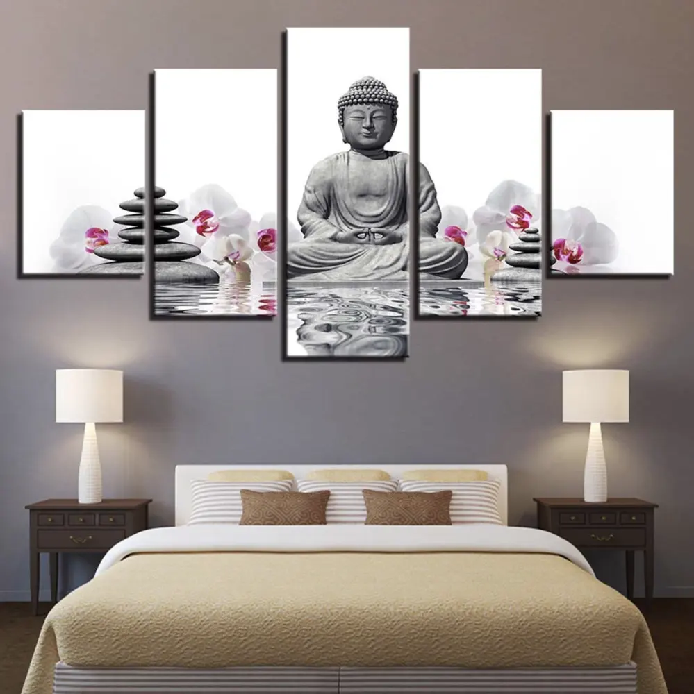 Moderno de 5 piezas piedra Zen mariposa orquídea Buda arte pintura HD Impresión de lienzo para la sala de Decoración de casa