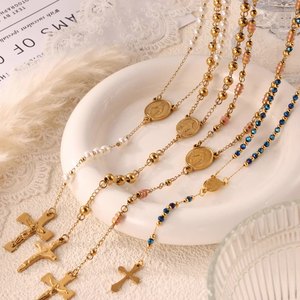 2025 Edelstahl 18 Karat Gold Kreuz Anhänger Y Lariat Halskette Jungfrau Maria Heilige Selige Perle Christian Kruzifix Schmuck - Product Image 1